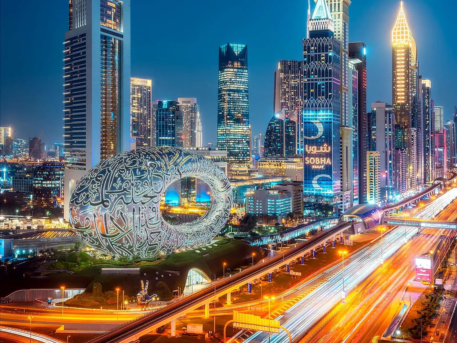 The Museum of the Future and Sheikh Zayed Road, Dubai, at night