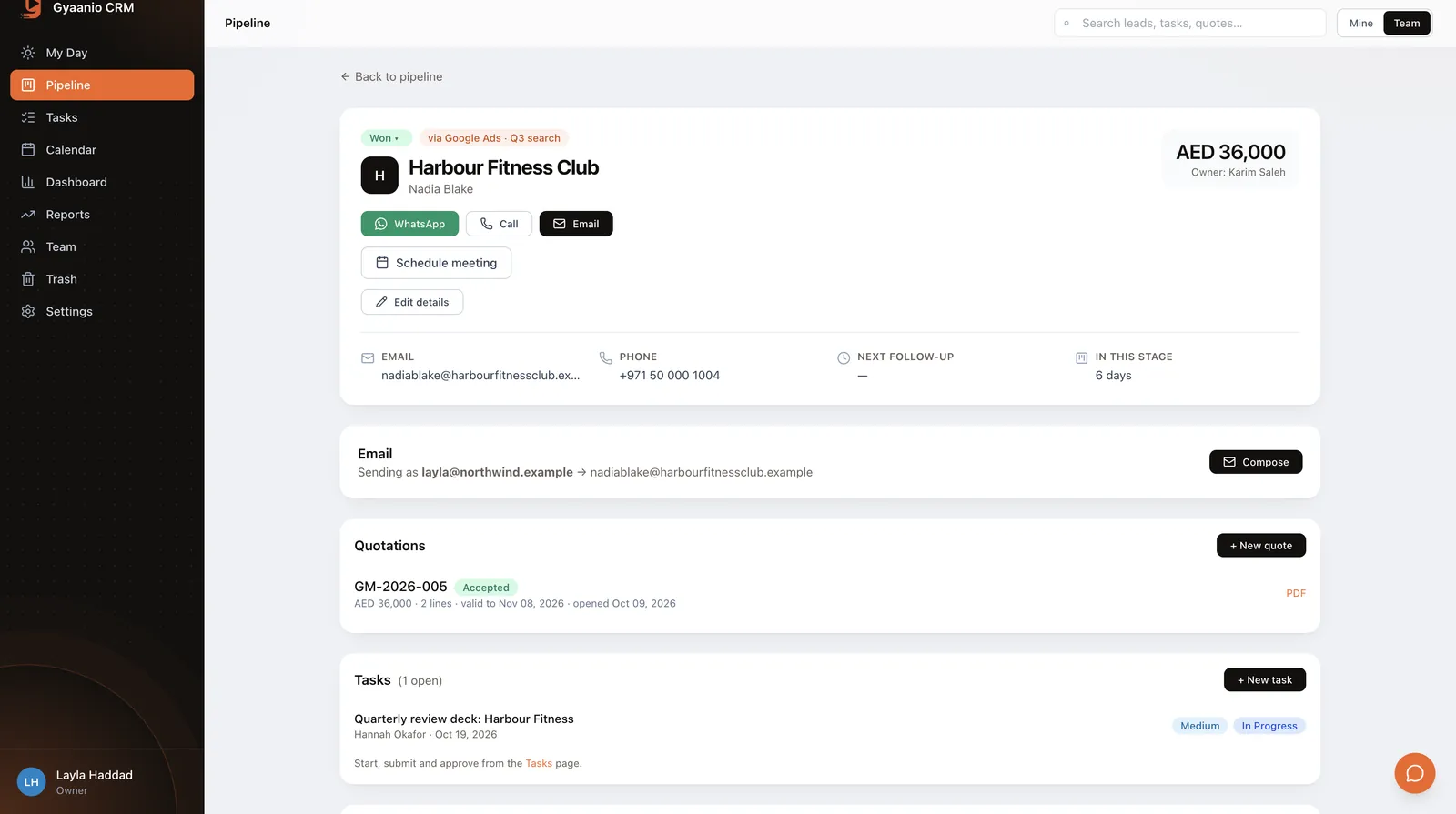A lead record in the CRM: stage, value, next follow up, notes, the timeline of emails, calls and quotes, with invoices attached
