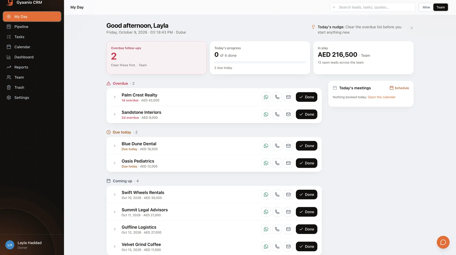 The My Day screen of the CRM: overdue follow ups at the top in red, each row with WhatsApp, Call, Email and Done buttons, then today and coming up